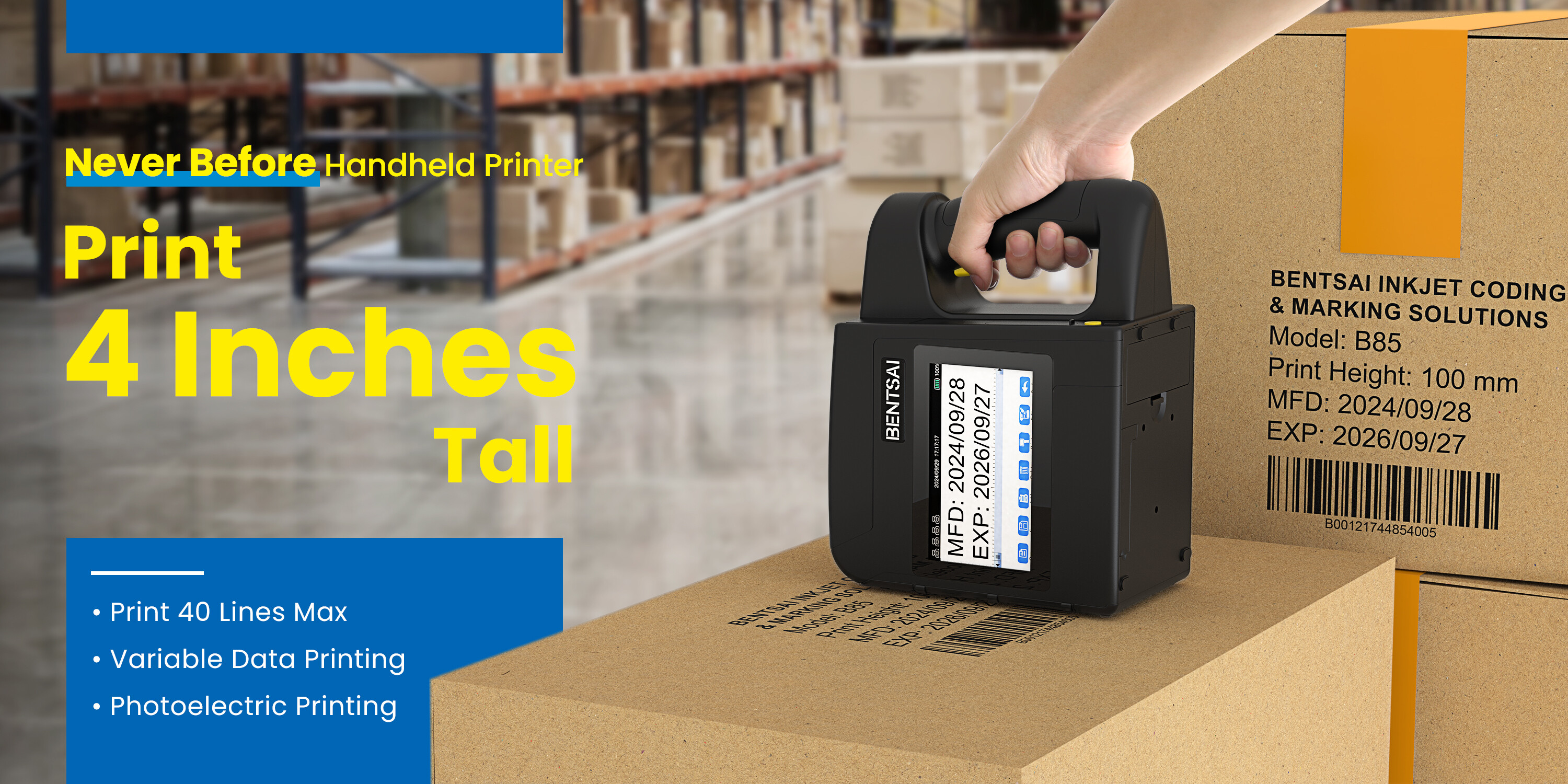 Bentsai handheld inkjet printer printing expiration batch code on corrugated box packaging