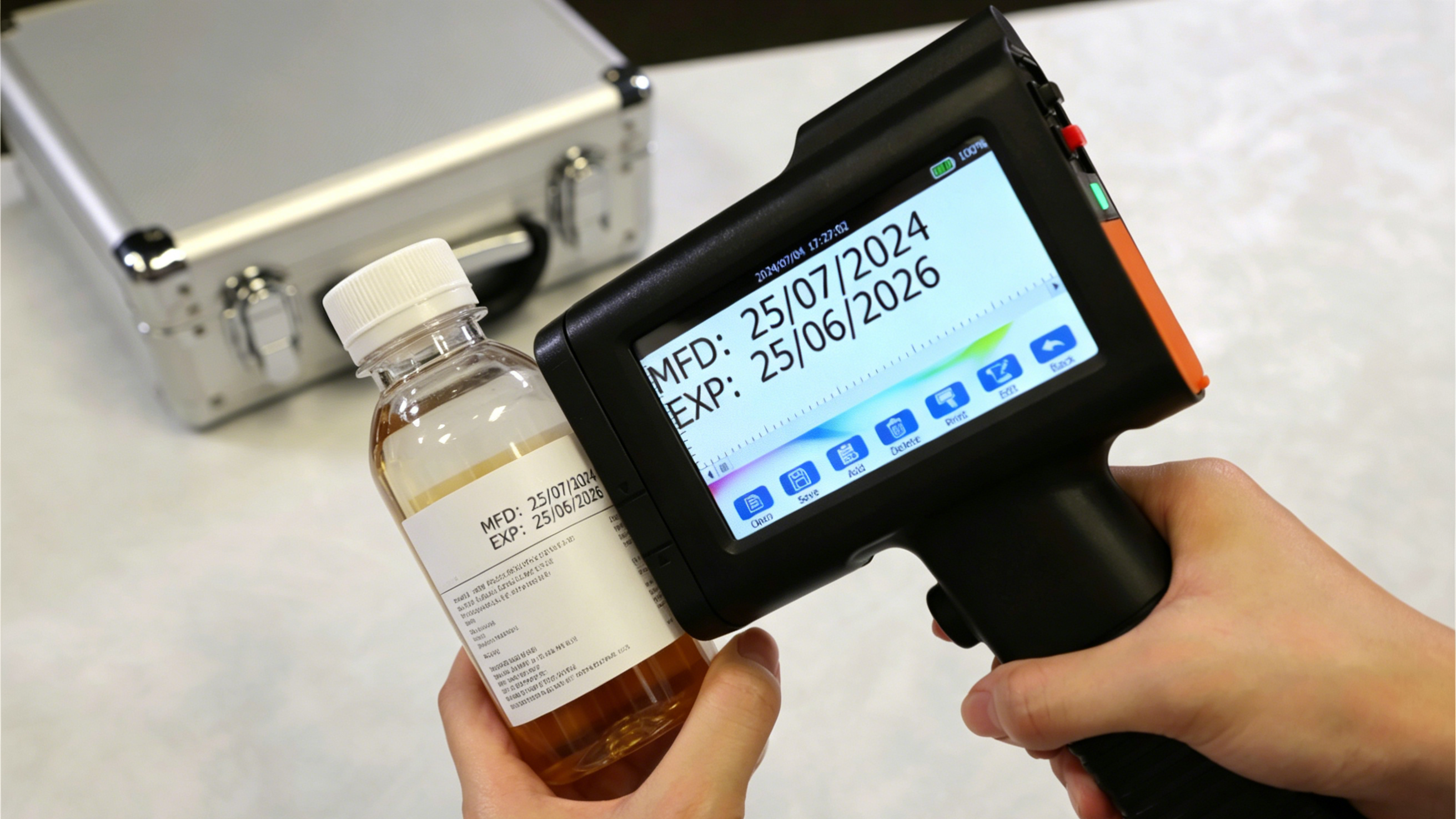 BENTSAI-handheld-printer-applying-a-compliant-lot-code-to-a-pharmaceutical-bottle