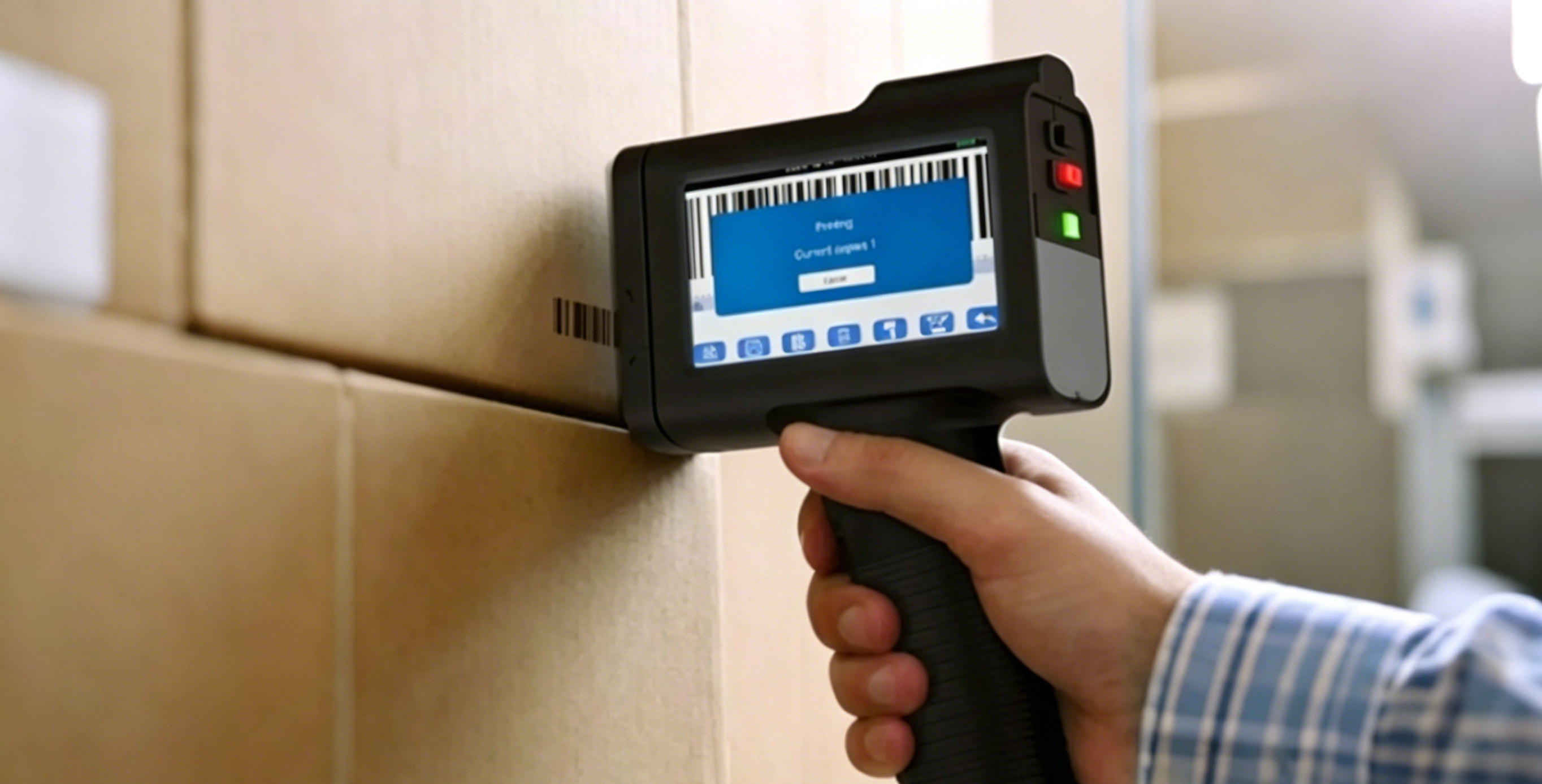 Warehouse-worker-using-a-Bentsai-handheld-inkjet-printer-to-apply-lot-codes-onto-a-cardboard-food-packaging-box