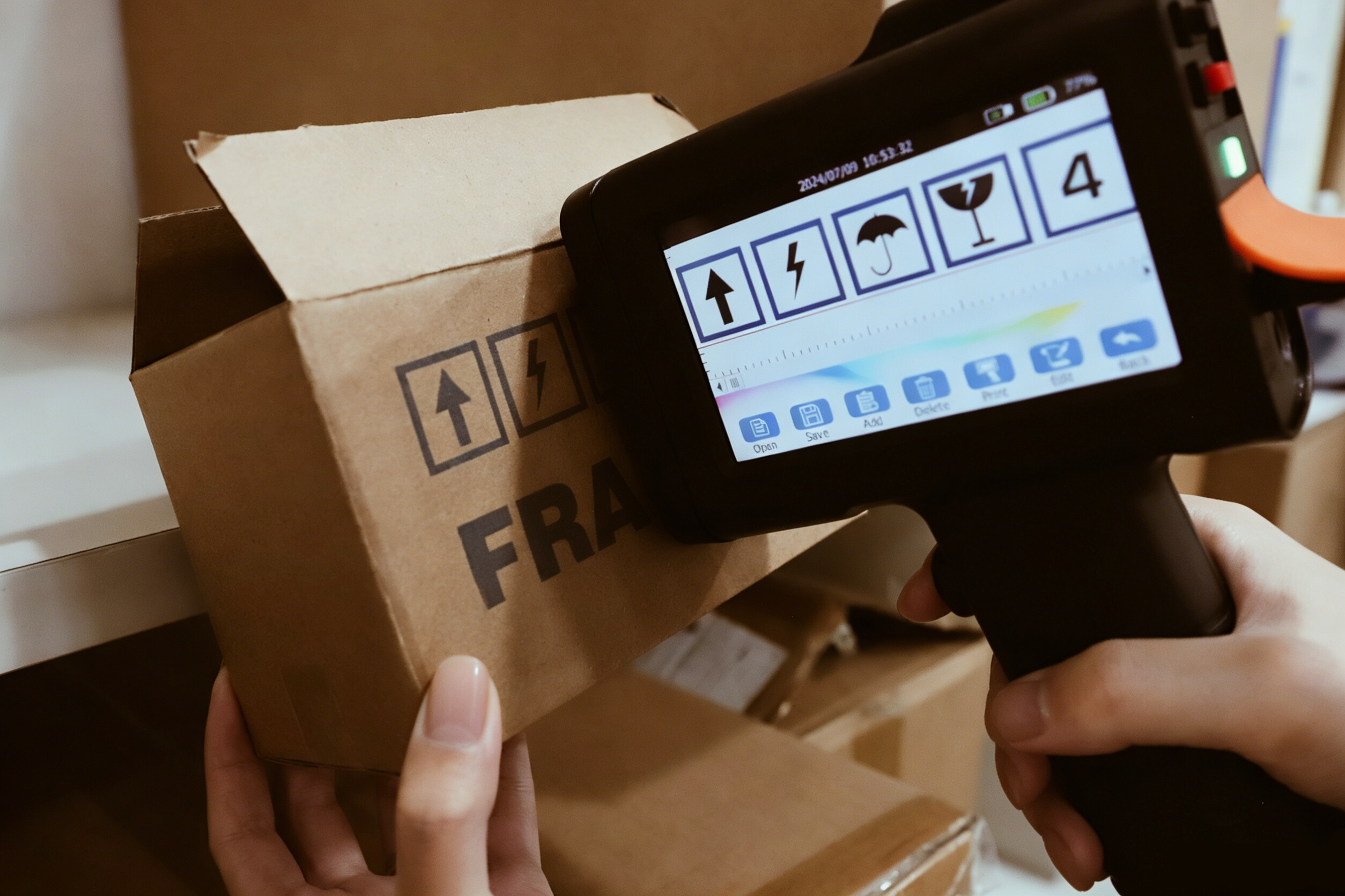 Worker-using-a-Bentsai-handheld-inkjet-printer-to-print-a-barcode-on-a-corrugated-cardboard-box