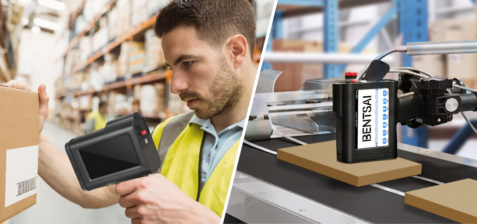 Logistics worker using portable handheld inkjet printing device