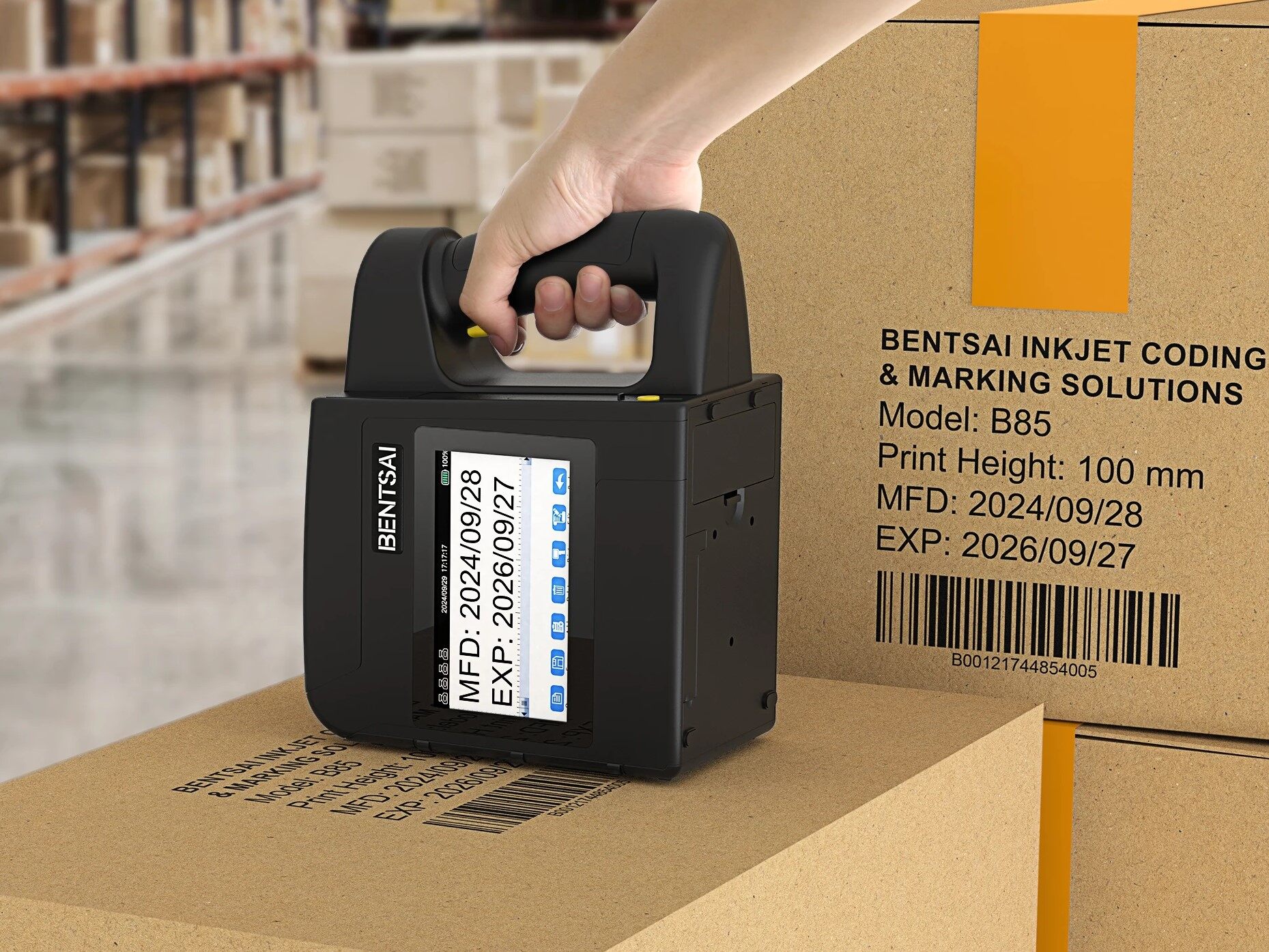 Worker-using-a-Bentsai-handheld-thermal-inkjet-printer-to-mark-a-scannable-QR-code-on-corrugated-cardboard-packaging