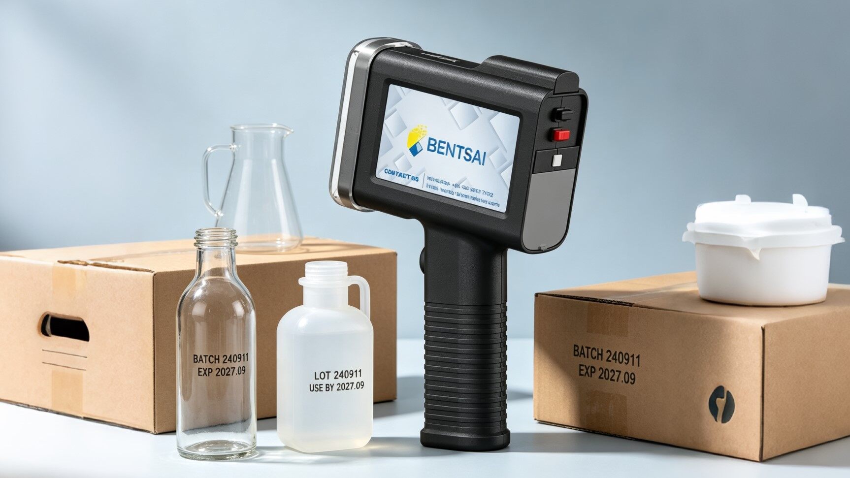A_Bentsai_handheld_inkjet_printer_next_to_a_glass_bottle_plastic_jug_and_cardboard_box_displaying_crisp_batch_codes_and_expiration_dates_on_various_packaging_surfaces