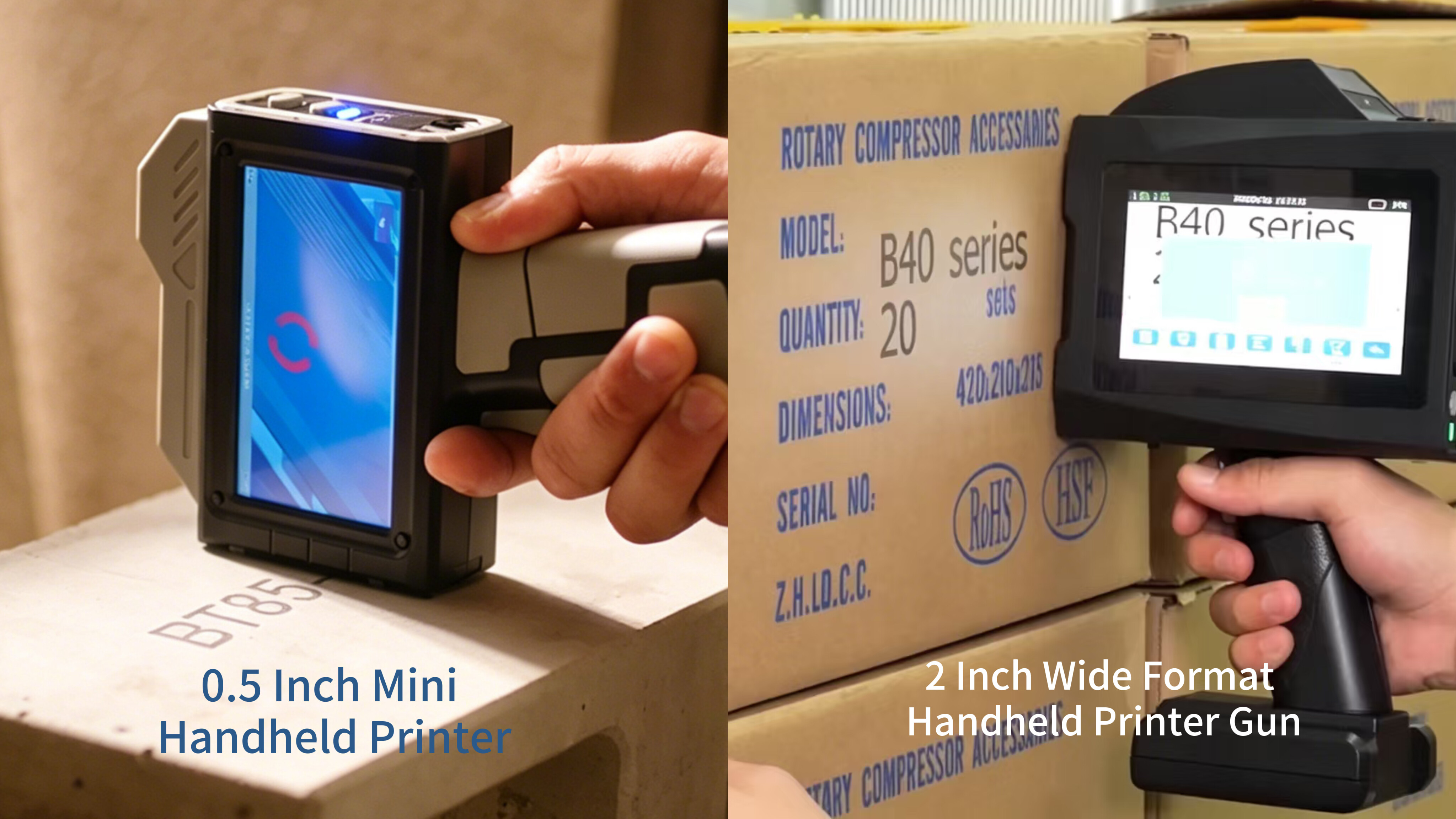 Comparison of 0.5 inch mini handheld printer vs 2 inch wide format handheld printer gun