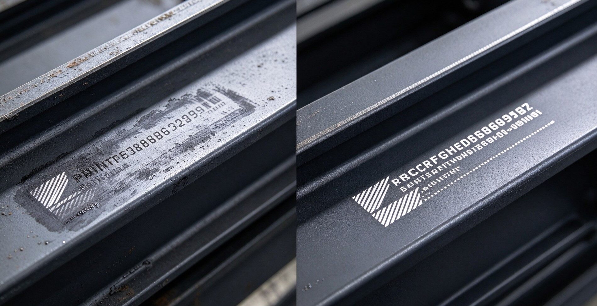 Comparison_of_smudged_water_based_ink_versus_crisp_fast_drying_solvent_ink_printed_on_dark_structural_steel